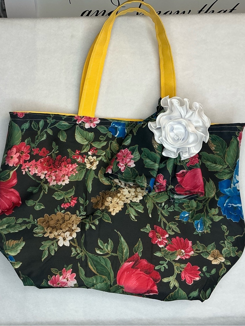 2034 - Handmade Sunny Yellow Canvas Tote with Floral Scarf and Rosette - Picture 11 of 16